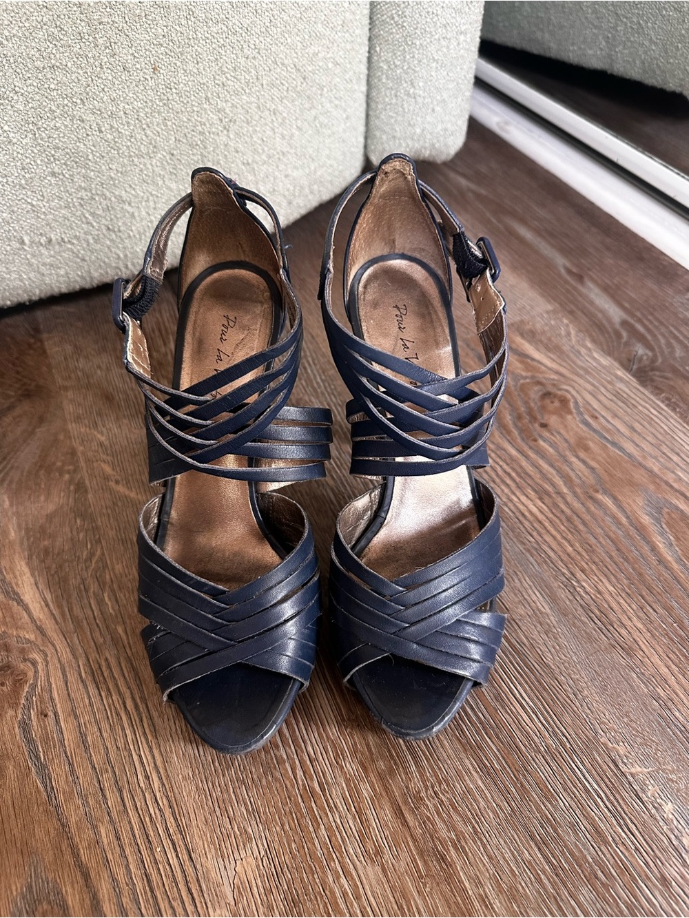 Pour La Victoire Navy Strappy Leather Heels